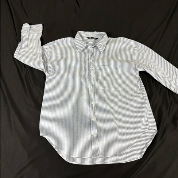 Zara Women Blue Striped 3/4 Sleeve Button Up Shirt Size S - Picture 1 of 11